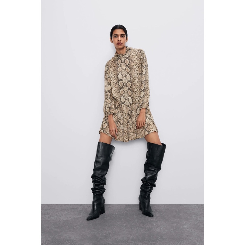 NWT Zara Brown Gold Snakeskin Ruffle Dress